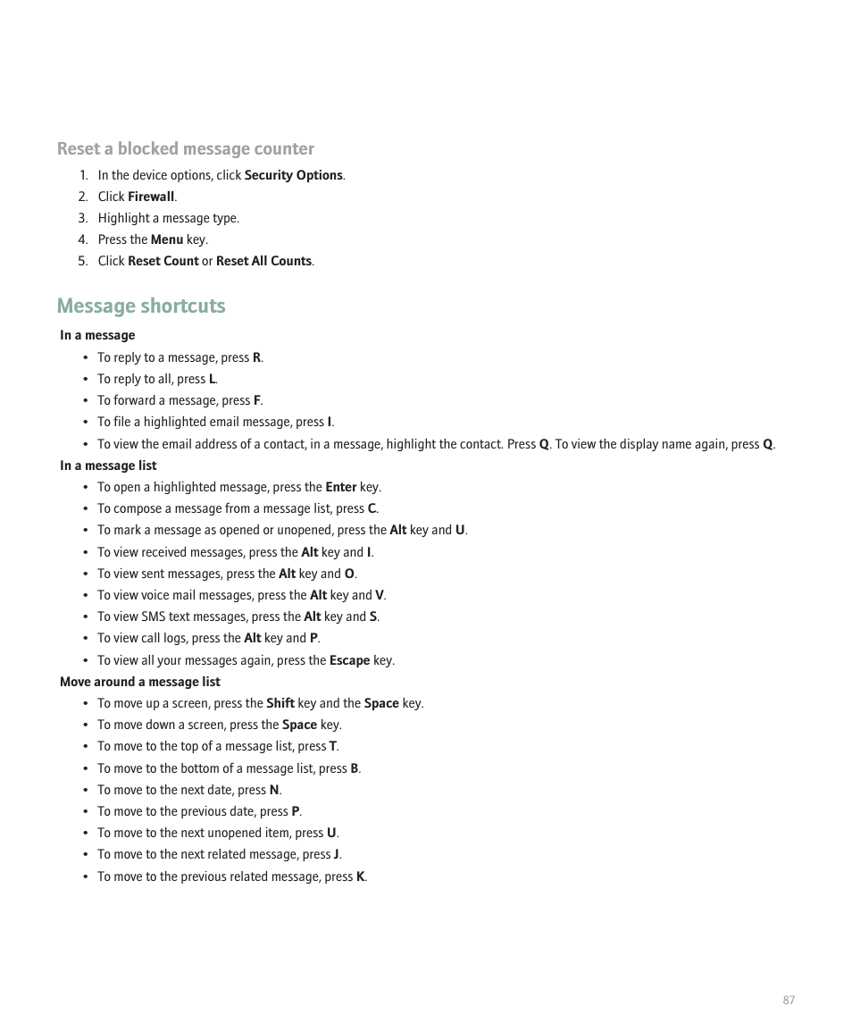 Message shortcuts, Reset a blocked message counter | Blackberry Global 8830 User Manual | Page 89 / 262