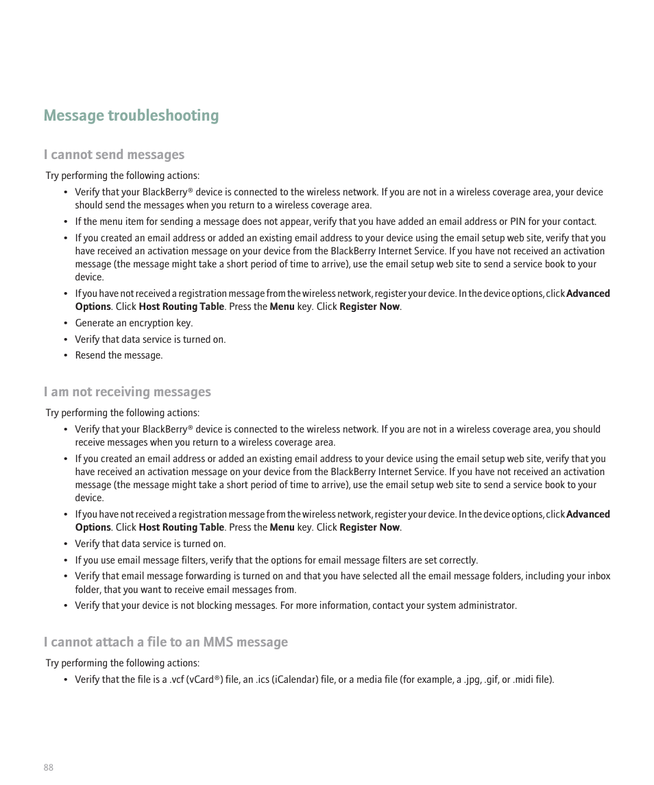 Message troubleshooting, I cannot send messages, I am not receiving messages | I cannot attach a file to an mms message | Blackberry Global 8830 User Manual | Page 90 / 262