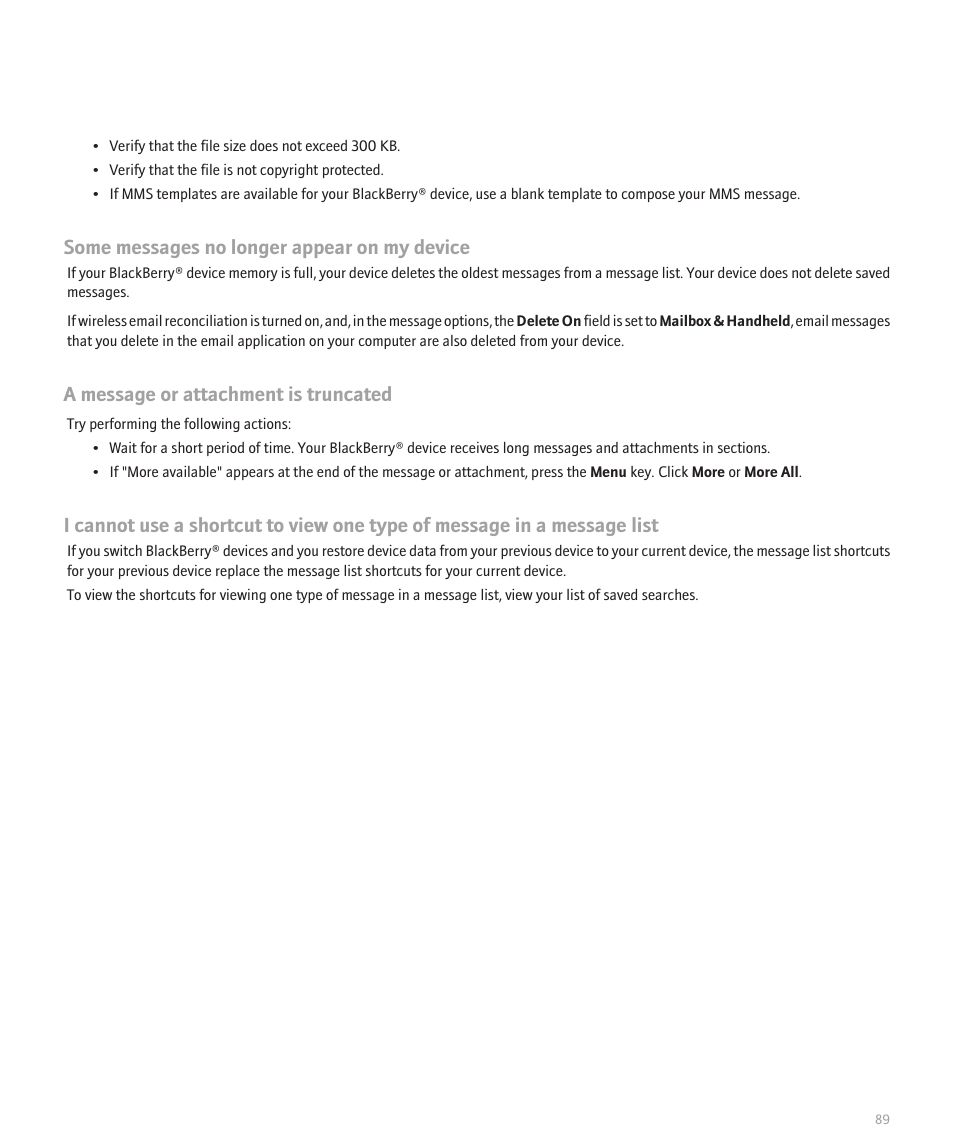 Some messages no longer appear on my device, A message or attachment is truncated | Blackberry Global 8830 User Manual | Page 91 / 262