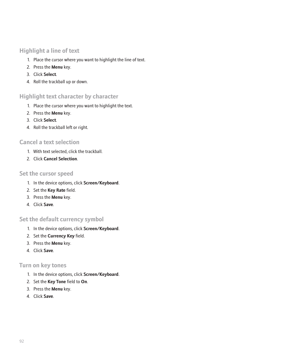 Highlight a line of text, Highlight text character by character, Cancel a text selection | Set the cursor speed, Set the default currency symbol, Turn on key tones | Blackberry Global 8830 User Manual | Page 94 / 262
