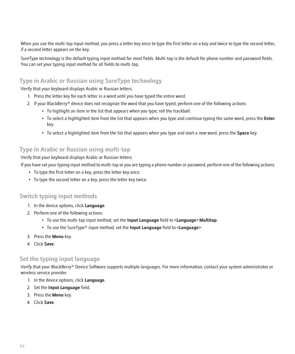 Type in arabic or russian using multi-tap, Switch typing input methods, Set the typing input language | Blackberry Global 8830 User Manual | Page 96 / 262