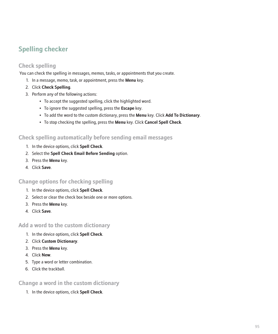 Spelling checker, Check spelling, Change options for checking spelling | Add a word to the custom dictionary, Change a word in the custom dictionary | Blackberry Global 8830 User Manual | Page 97 / 262