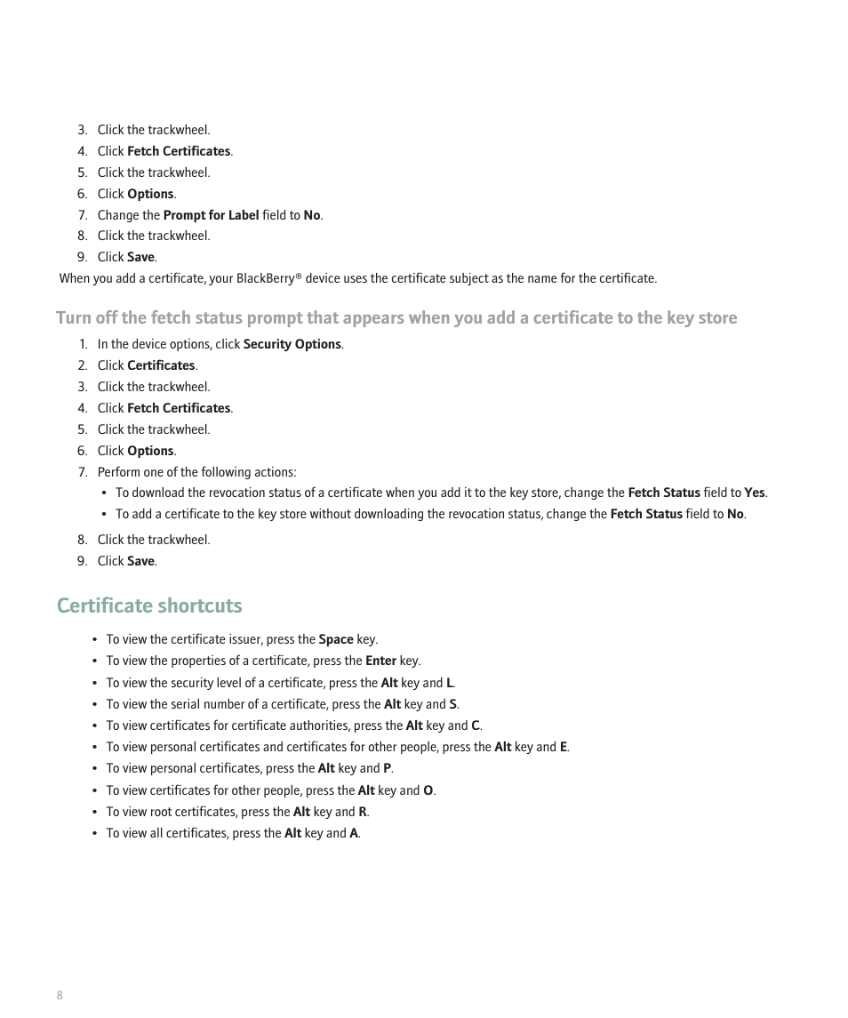 Certificate shortcuts | Blackberry 8700 Series User Manual | Page 10 / 25