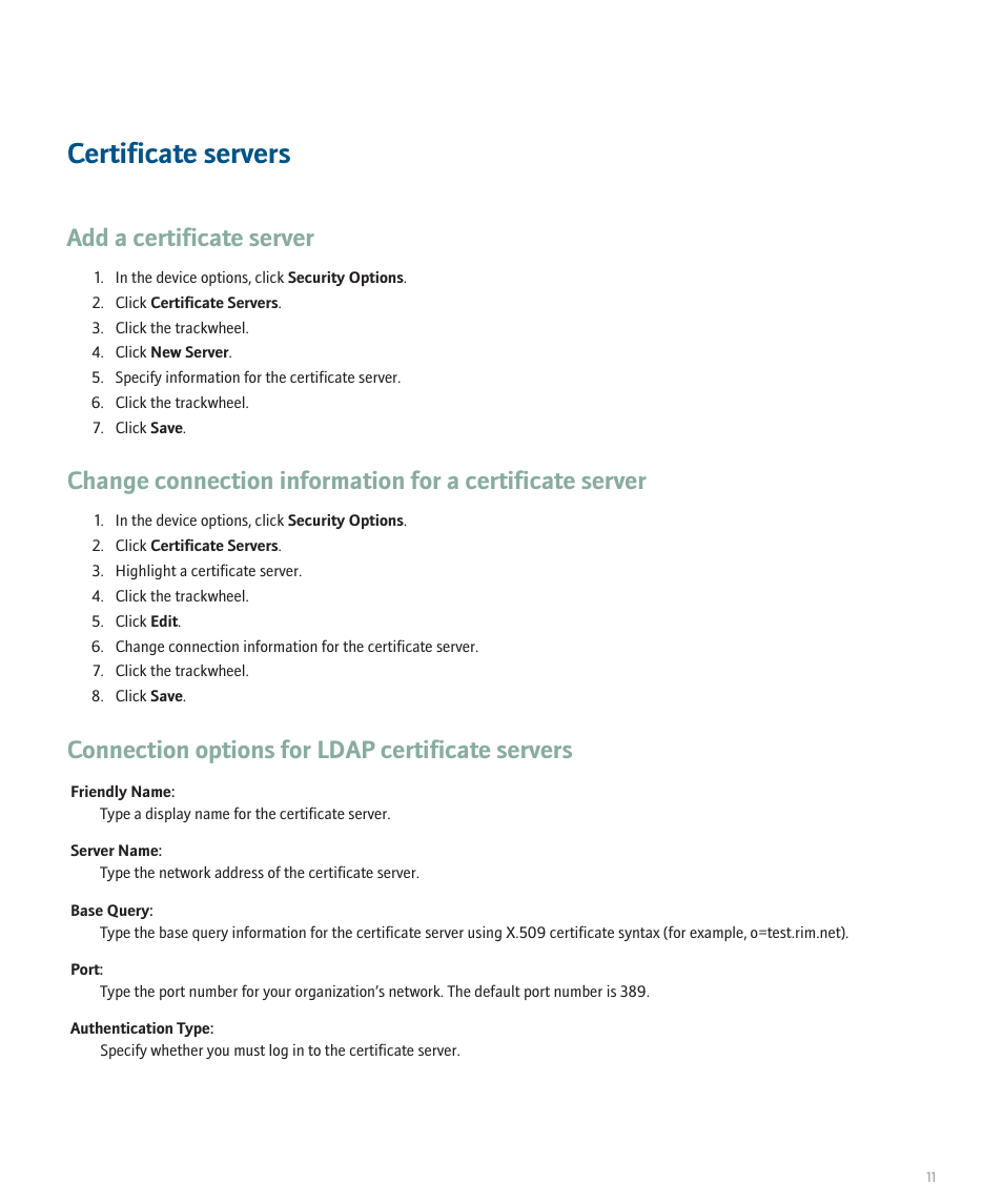 Certificate servers, Add a certificate server, Connection options for ldap certificate servers | Blackberry 8700 Series User Manual | Page 13 / 25