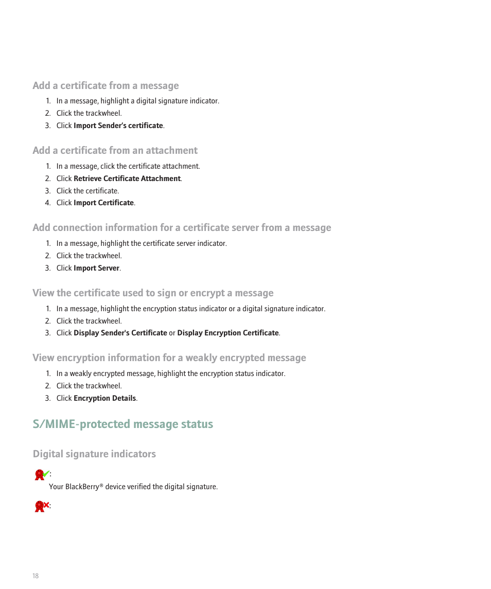 S/mime-protected message status, Add a certificate from a message, Add a certificate from an attachment | Digital signature indicators | Blackberry 8700 Series User Manual | Page 20 / 25