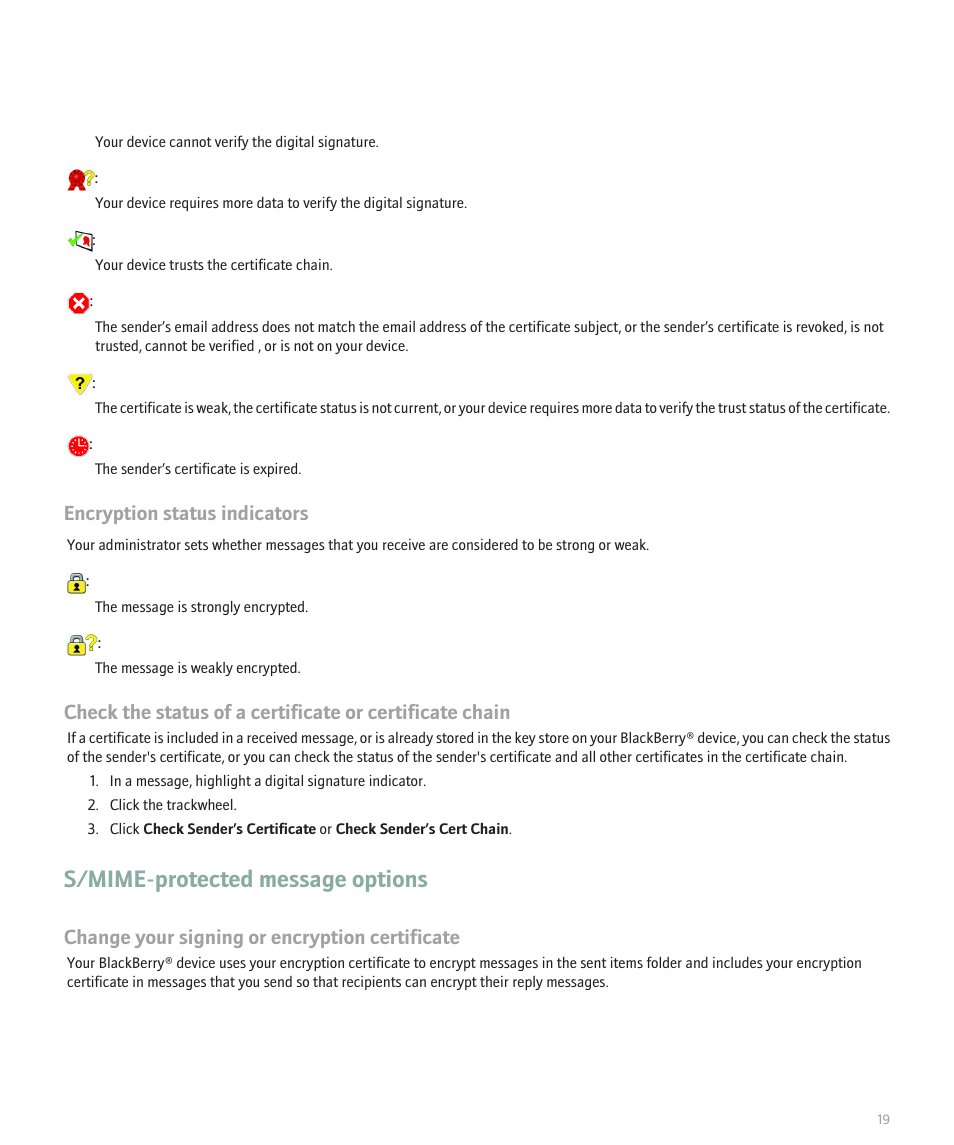 S/mime-protected message options, Encryption status indicators, Change your signing or encryption certificate | Blackberry 8700 Series User Manual | Page 21 / 25