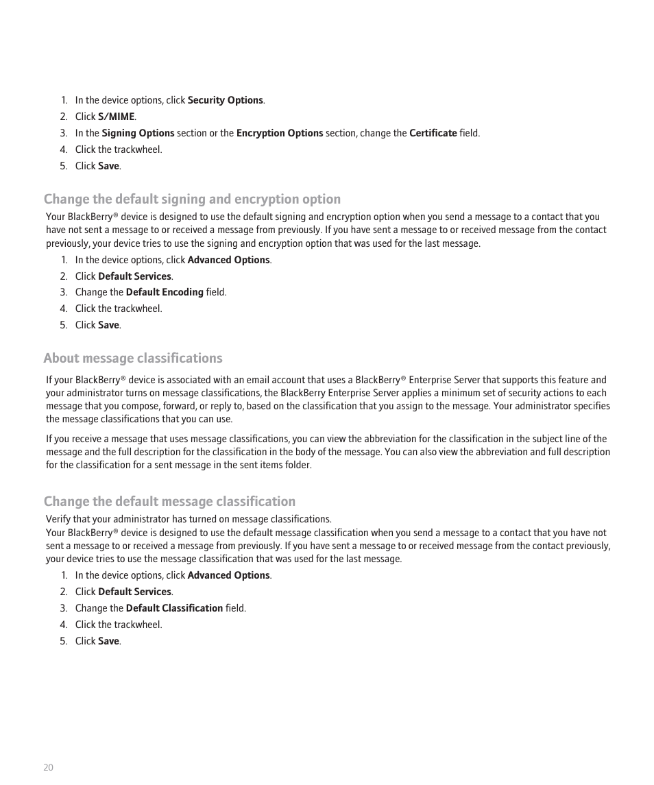Change the default signing and encryption option, About message classifications, Change the default message classification | Blackberry 8700 Series User Manual | Page 22 / 25