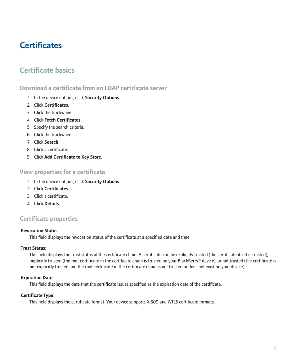 Certificates, Certificate basics, View properties for a certificate | Certificate properties | Blackberry 8700 Series User Manual | Page 5 / 25