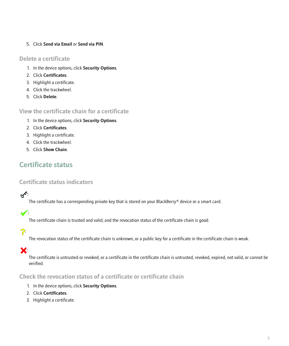 Certificate status, Delete a certificate, View the certificate chain for a certificate | Certificate status indicators | Blackberry 8700 Series User Manual | Page 7 / 25