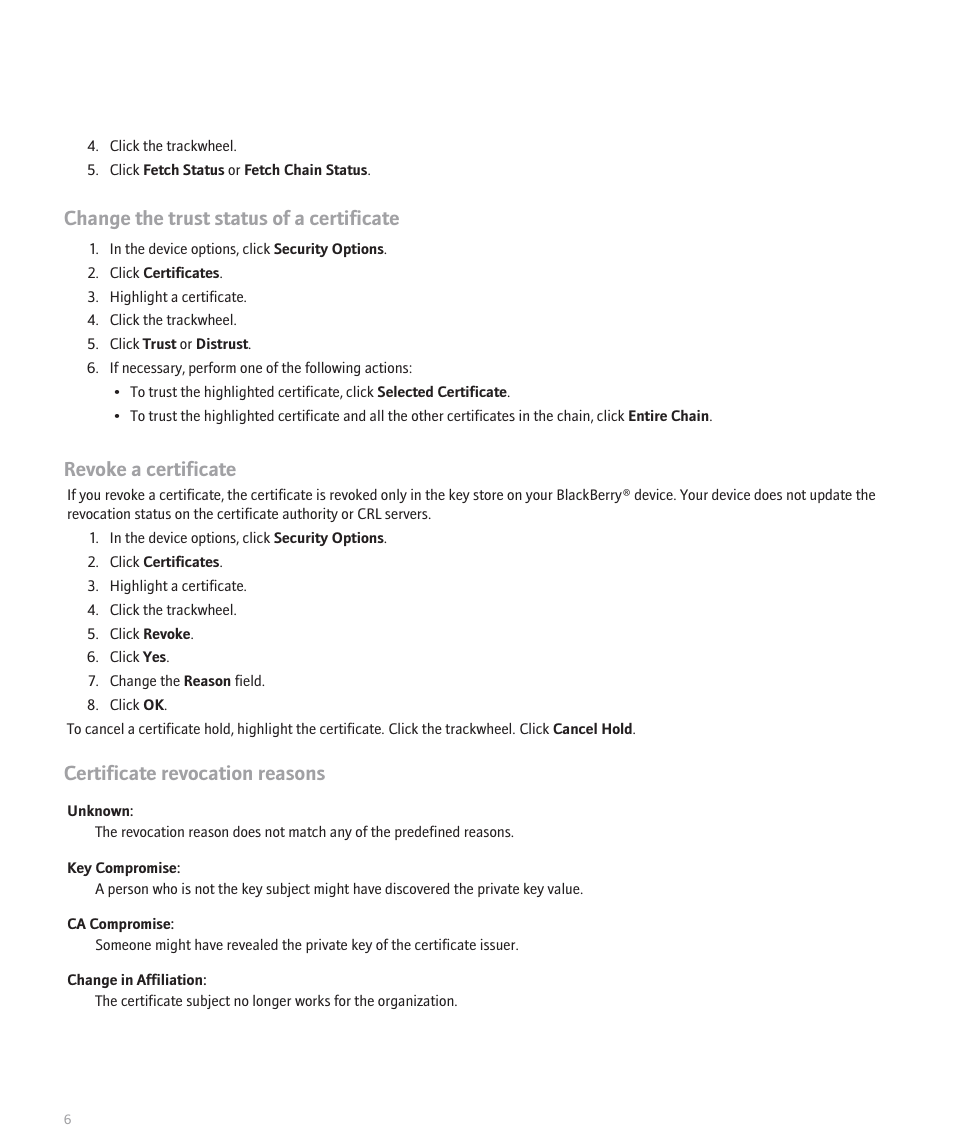 Change the trust status of a certificate, Revoke a certificate, Certificate revocation reasons | Blackberry 8700 Series User Manual | Page 8 / 25