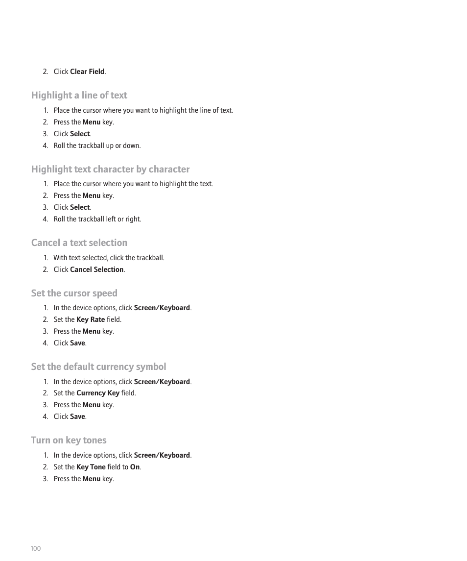 Highlight a line of text, Highlight text character by character, Cancel a text selection | Set the cursor speed, Set the default currency symbol, Turn on key tones | Blackberry 8300 User Manual | Page 102 / 270