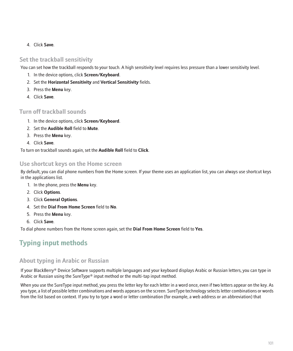 Typing input methods, Set the trackball sensitivity, Turn off trackball sounds | Use shortcut keys on the home screen, About typing in arabic or russian | Blackberry 8300 User Manual | Page 103 / 270