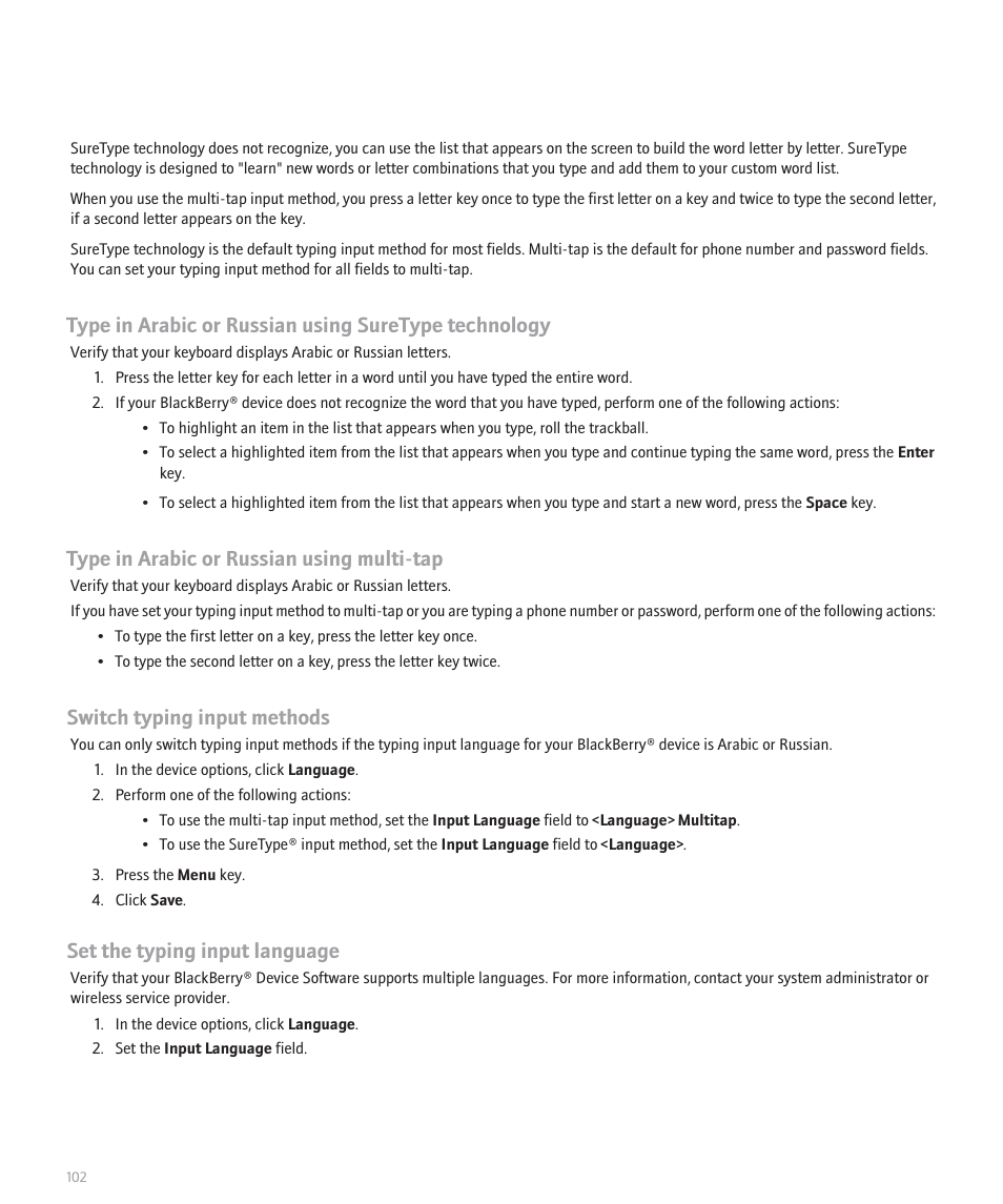 Type in arabic or russian using multi-tap, Switch typing input methods, Set the typing input language | Blackberry 8300 User Manual | Page 104 / 270