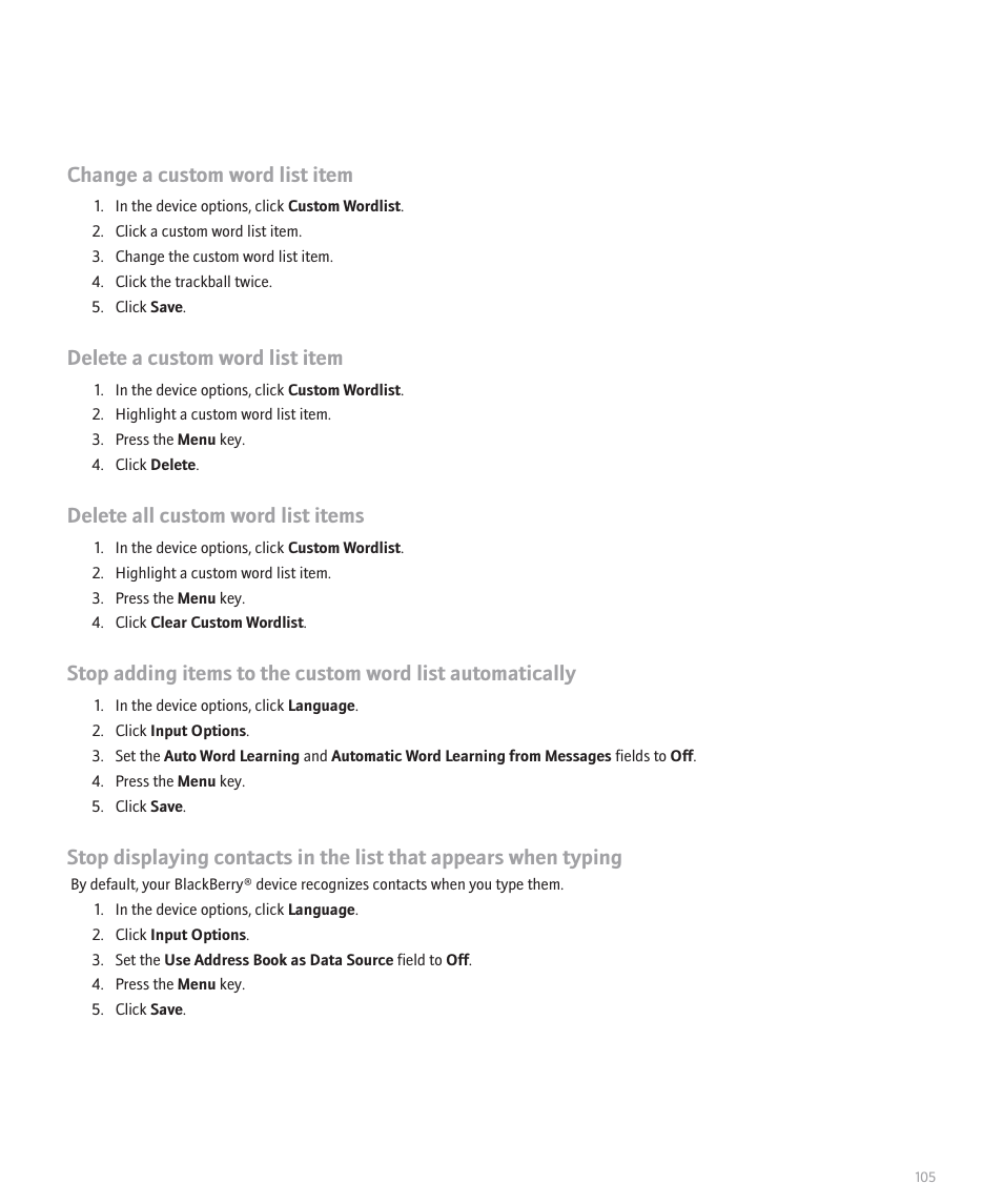 Change a custom word list item, Delete a custom word list item, Delete all custom word list items | Blackberry 8300 User Manual | Page 107 / 270