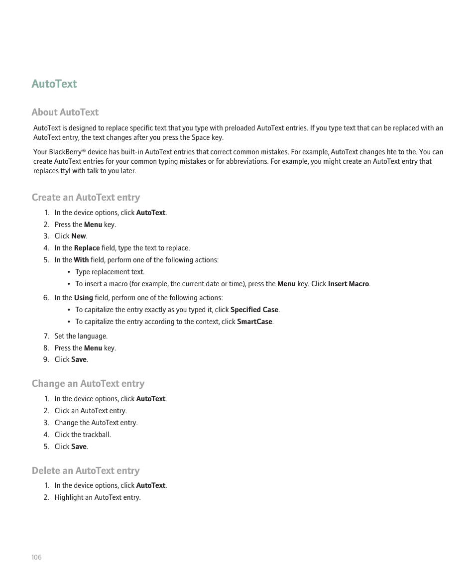 Autotext, About autotext, Create an autotext entry | Change an autotext entry, Delete an autotext entry | Blackberry 8300 User Manual | Page 108 / 270