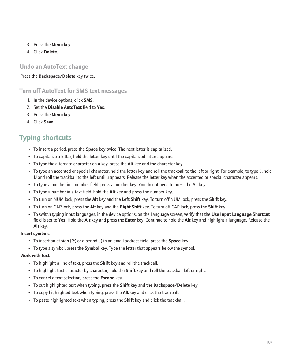 Typing shortcuts, Undo an autotext change, Turn off autotext for sms text messages | Blackberry 8300 User Manual | Page 109 / 270