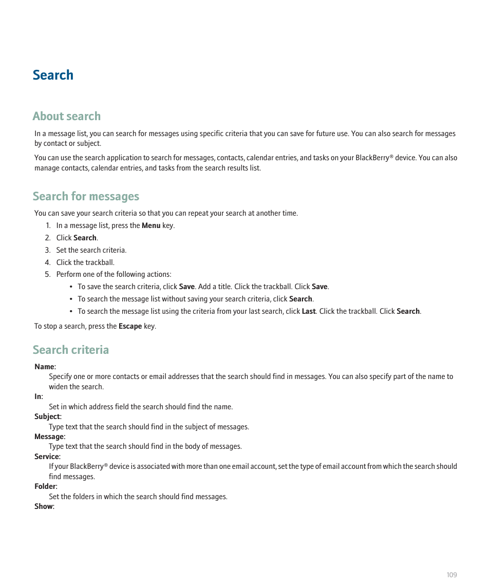 Search, About search, Search for messages | Search criteria | Blackberry 8300 User Manual | Page 111 / 270