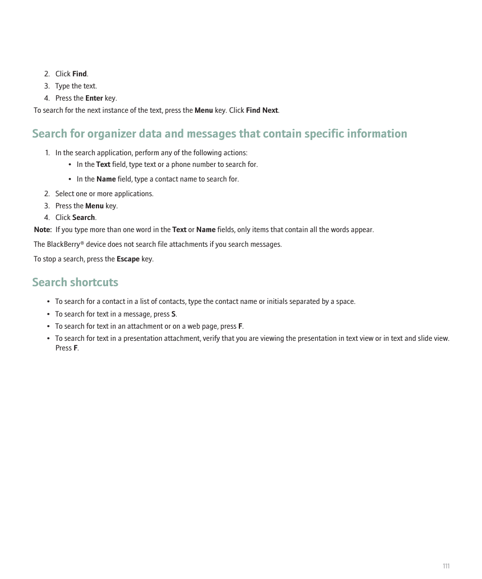 Search shortcuts | Blackberry 8300 User Manual | Page 113 / 270