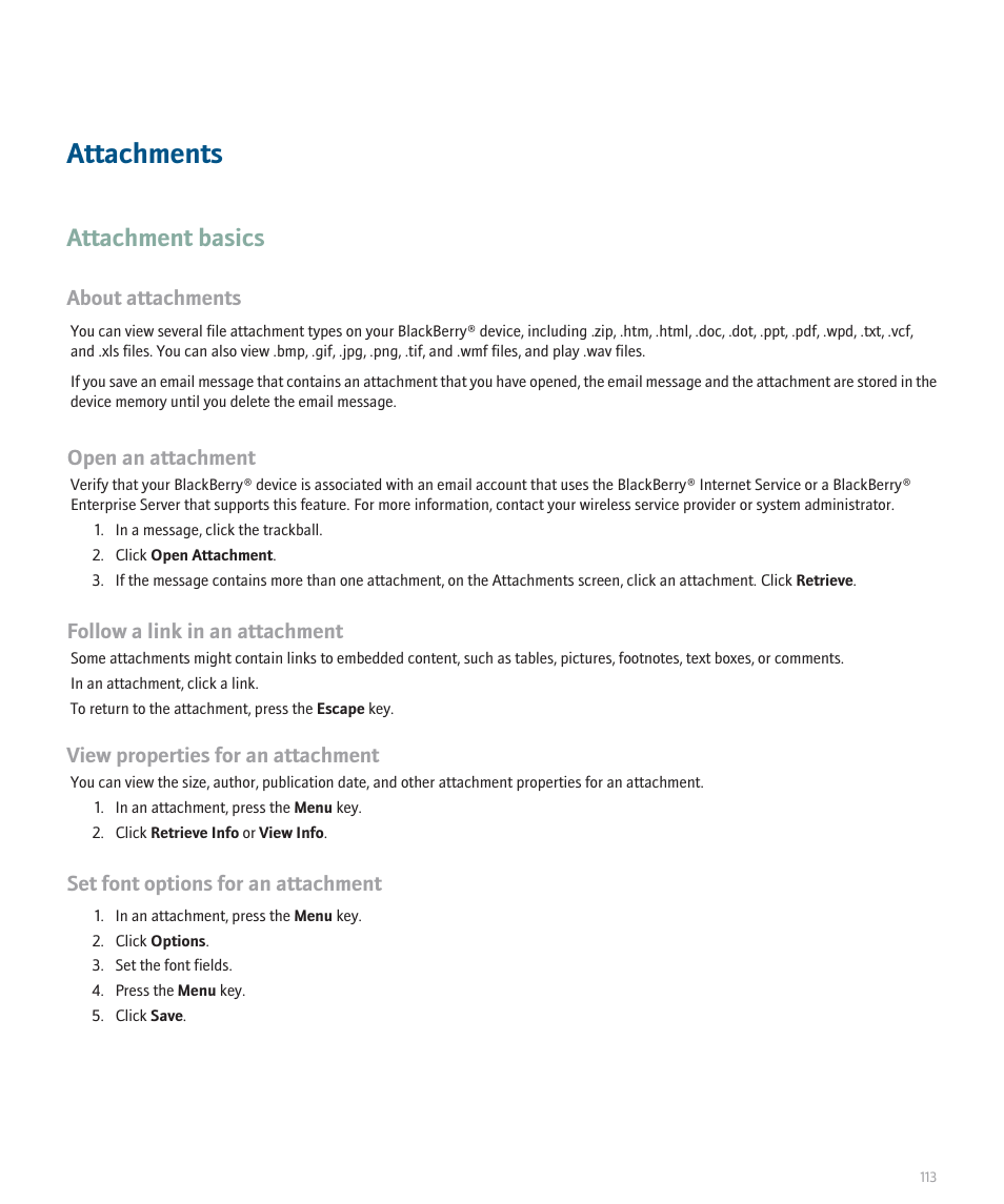 Attachments, Attachment basics | Blackberry 8300 User Manual | Page 115 / 270