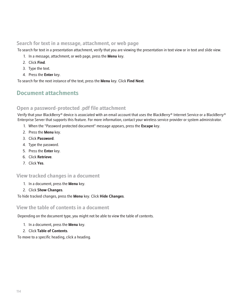 Document attachments, Open a password-protected .pdf file attachment, View tracked changes in a document | View the table of contents in a document | Blackberry 8300 User Manual | Page 116 / 270