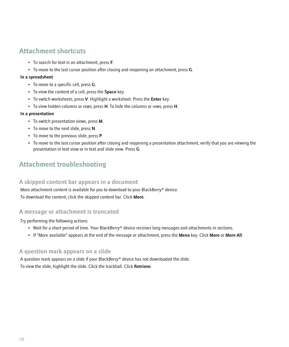 Attachment shortcuts, Attachment troubleshooting, A skipped content bar appears in a document | A message or attachment is truncated, A question mark appears on a slide | Blackberry 8300 User Manual | Page 120 / 270