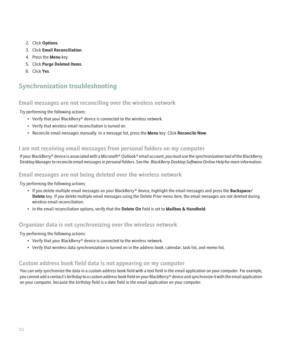 Synchronization troubleshooting | Blackberry 8300 User Manual | Page 124 / 270
