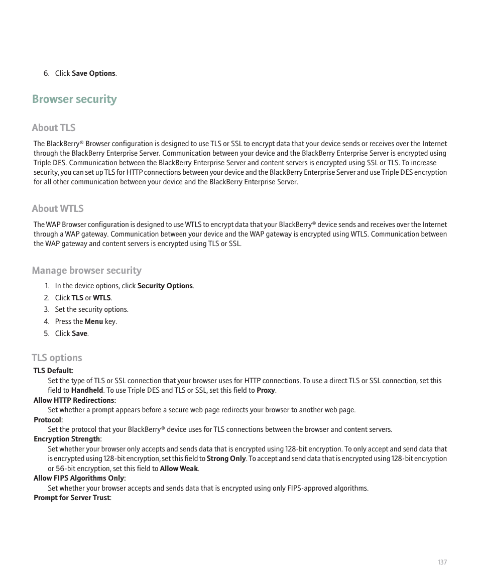 Browser security, About tls, About wtls | Manage browser security, Tls options | Blackberry 8300 User Manual | Page 139 / 270