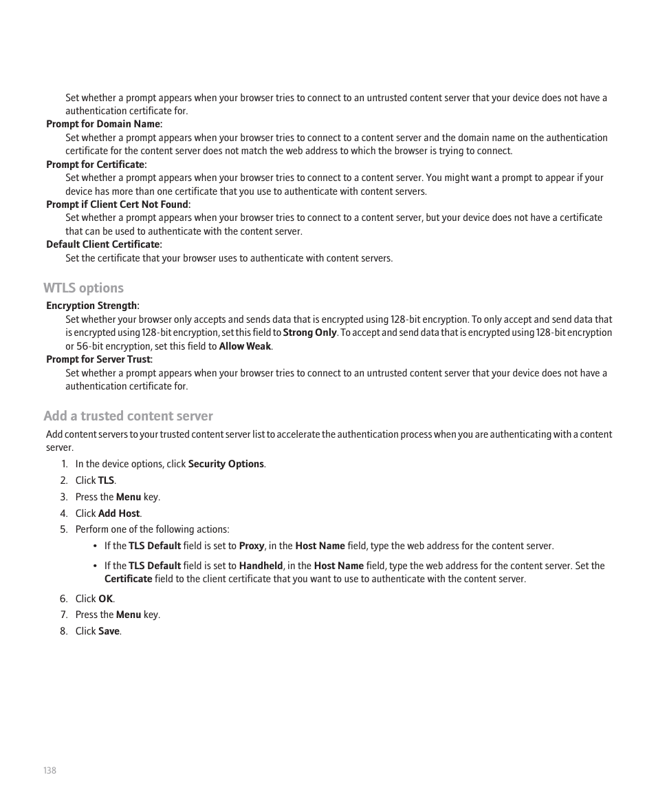 Wtls options, Add a trusted content server | Blackberry 8300 User Manual | Page 140 / 270
