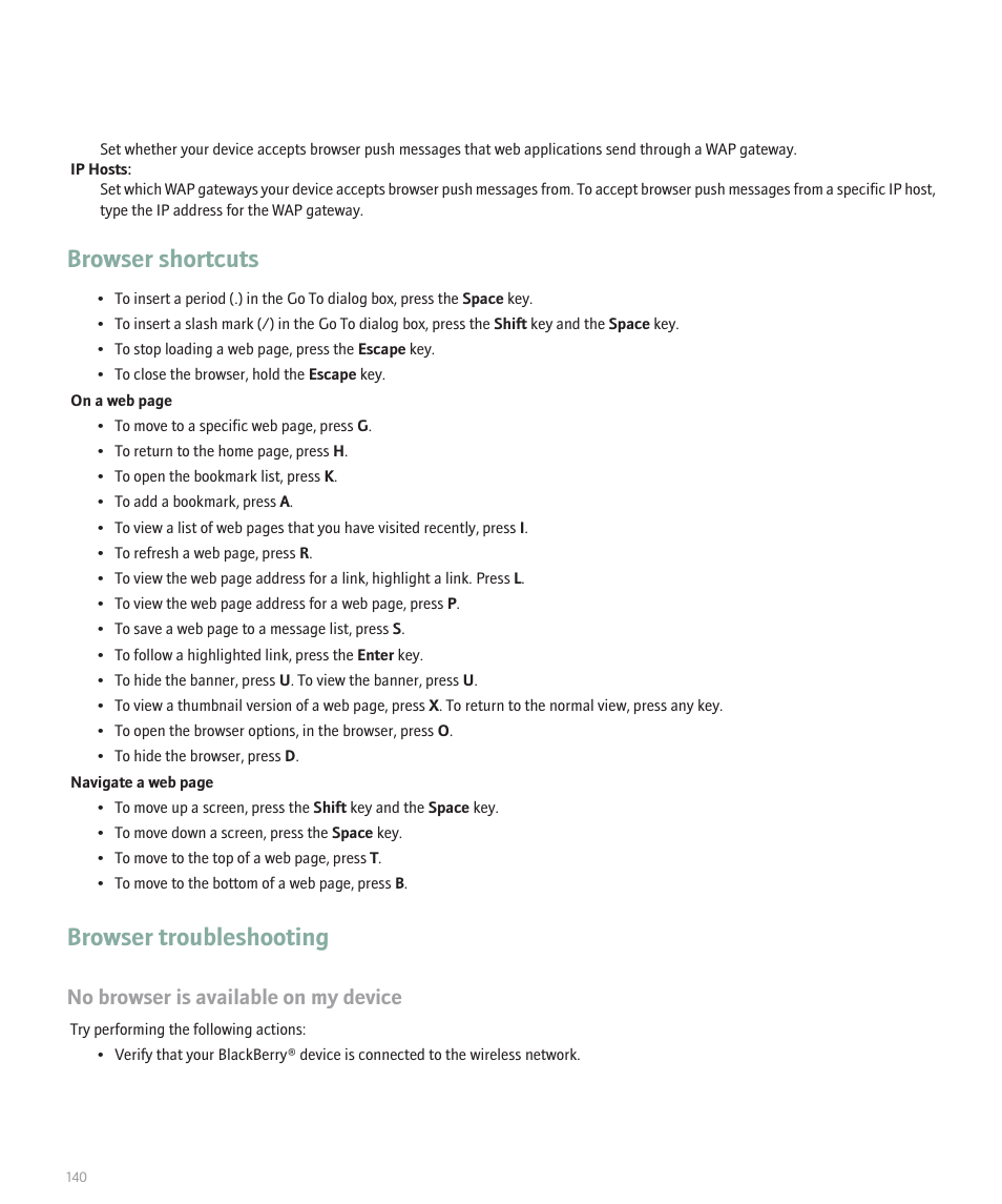 Browser shortcuts, Browser troubleshooting, No browser is available on my device | Blackberry 8300 User Manual | Page 142 / 270