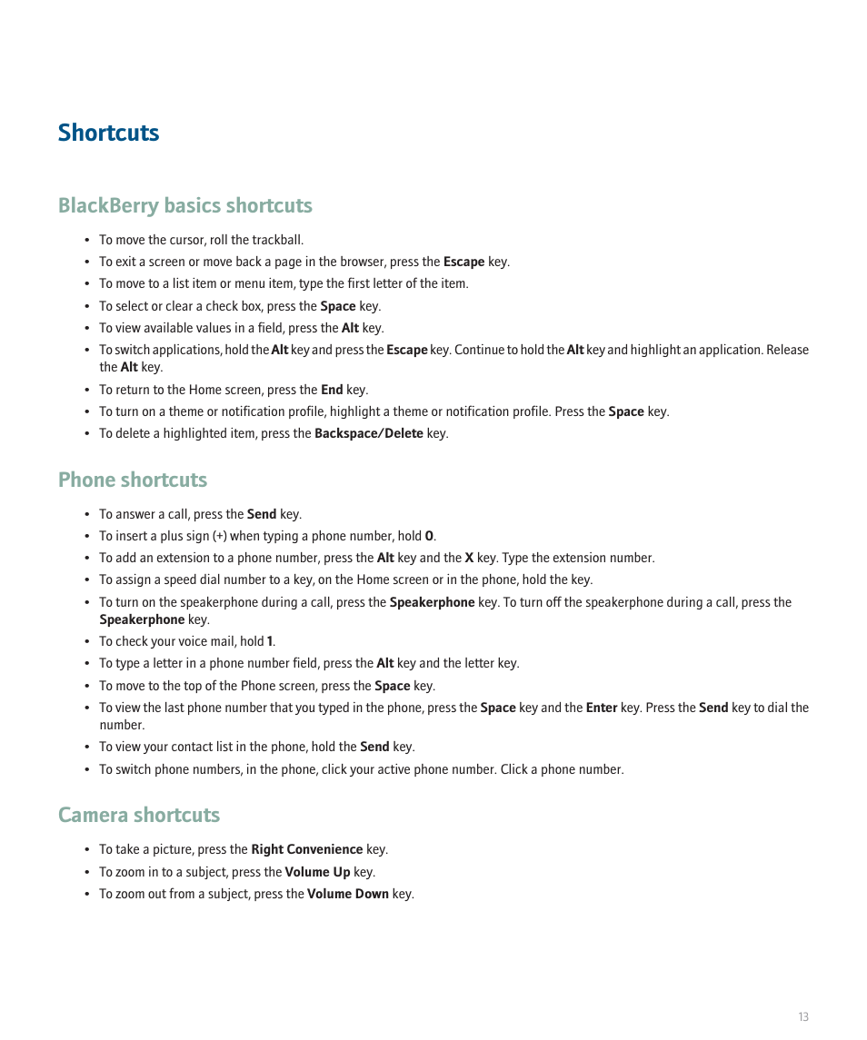 Shortcuts, Blackberry basics shortcuts, Phone shortcuts | Camera shortcuts | Blackberry 8300 User Manual | Page 15 / 270
