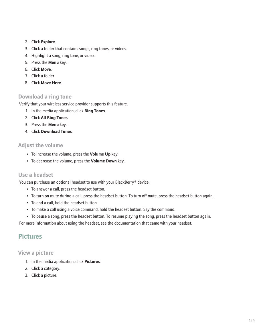 Pictures, Download a ring tone, Adjust the volume | Use a headset, View a picture | Blackberry 8300 User Manual | Page 151 / 270