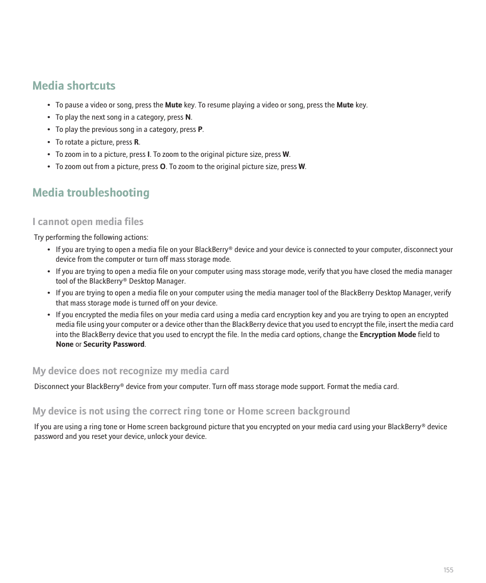 Media shortcuts, Media troubleshooting, I cannot open media files | My device does not recognize my media card | Blackberry 8300 User Manual | Page 157 / 270