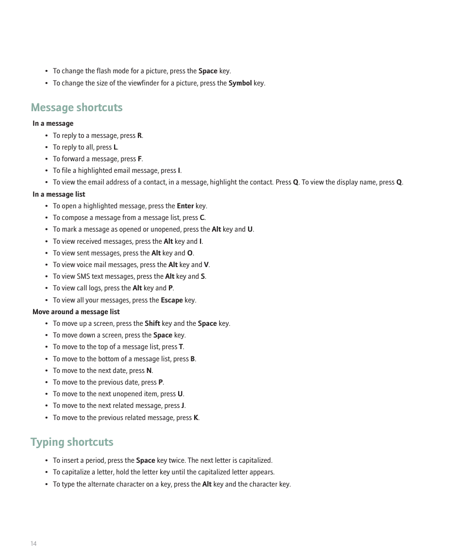 Message shortcuts, Typing shortcuts | Blackberry 8300 User Manual | Page 16 / 270