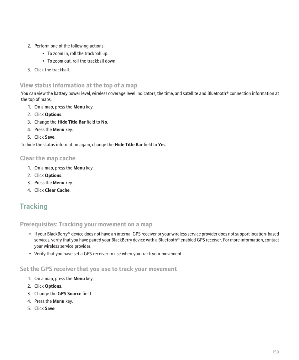 Tracking, View status information at the top of a map, Clear the map cache | Prerequisites: tracking your movement on a map | Blackberry 8300 User Manual | Page 161 / 270