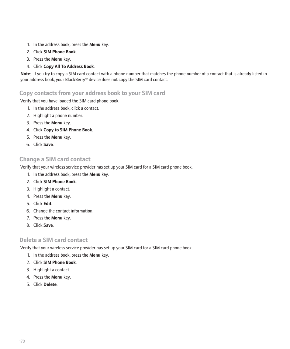 Change a sim card contact, Delete a sim card contact | Blackberry 8300 User Manual | Page 172 / 270