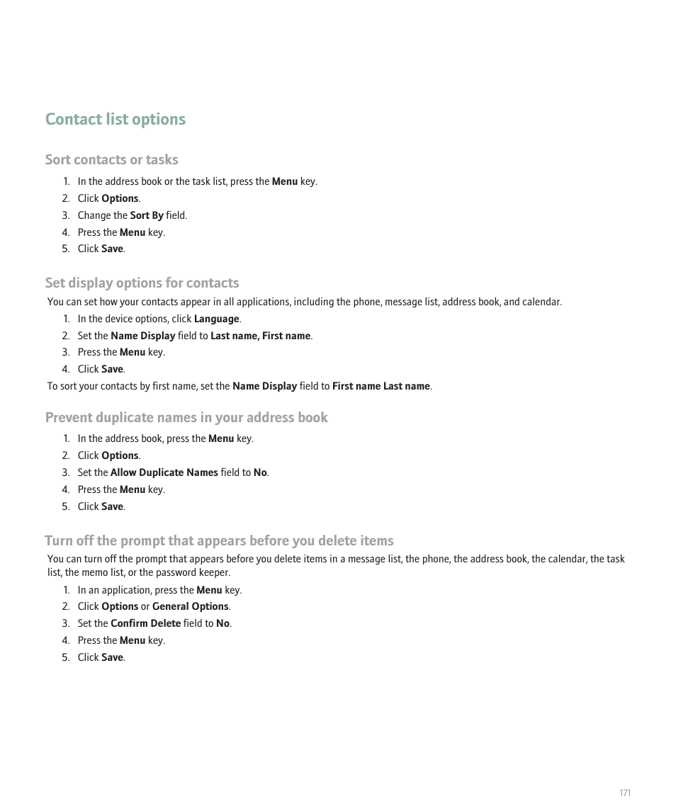 Contact list options, Sort contacts or tasks, Set display options for contacts | Prevent duplicate names in your address book | Blackberry 8300 User Manual | Page 173 / 270