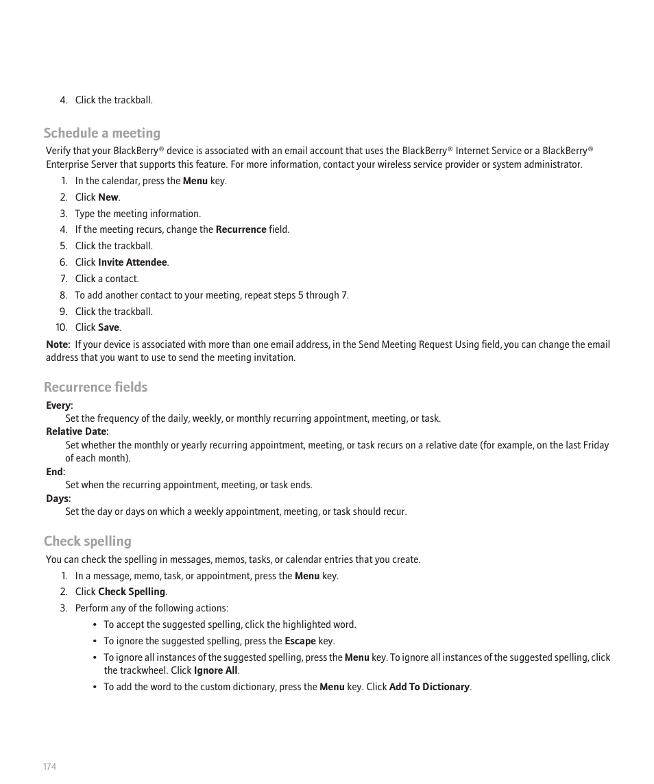 Schedule a meeting, Recurrence fields, Check spelling | Blackberry 8300 User Manual | Page 176 / 270