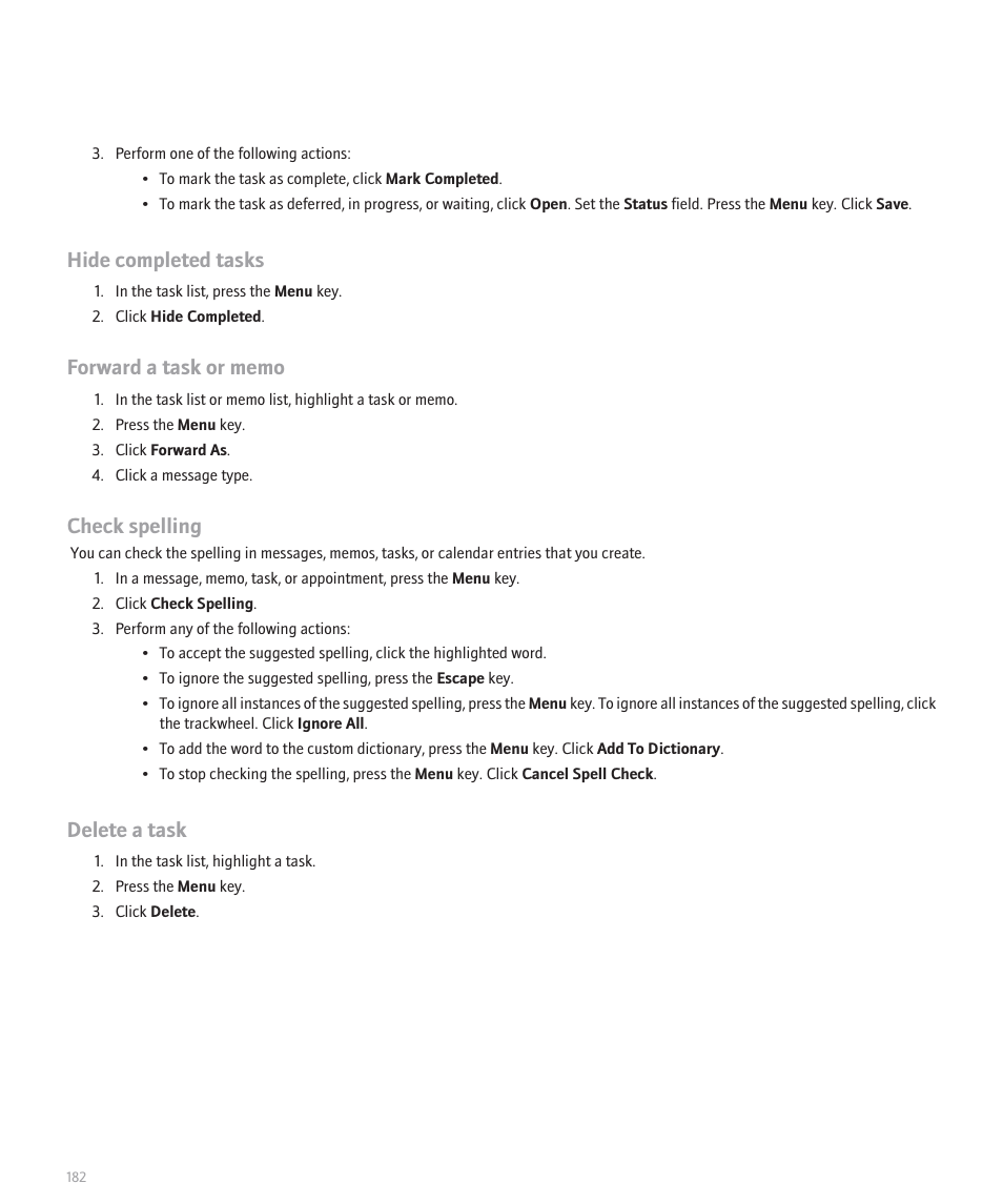 Hide completed tasks, Check spelling, Delete a task | Blackberry 8300 User Manual | Page 184 / 270