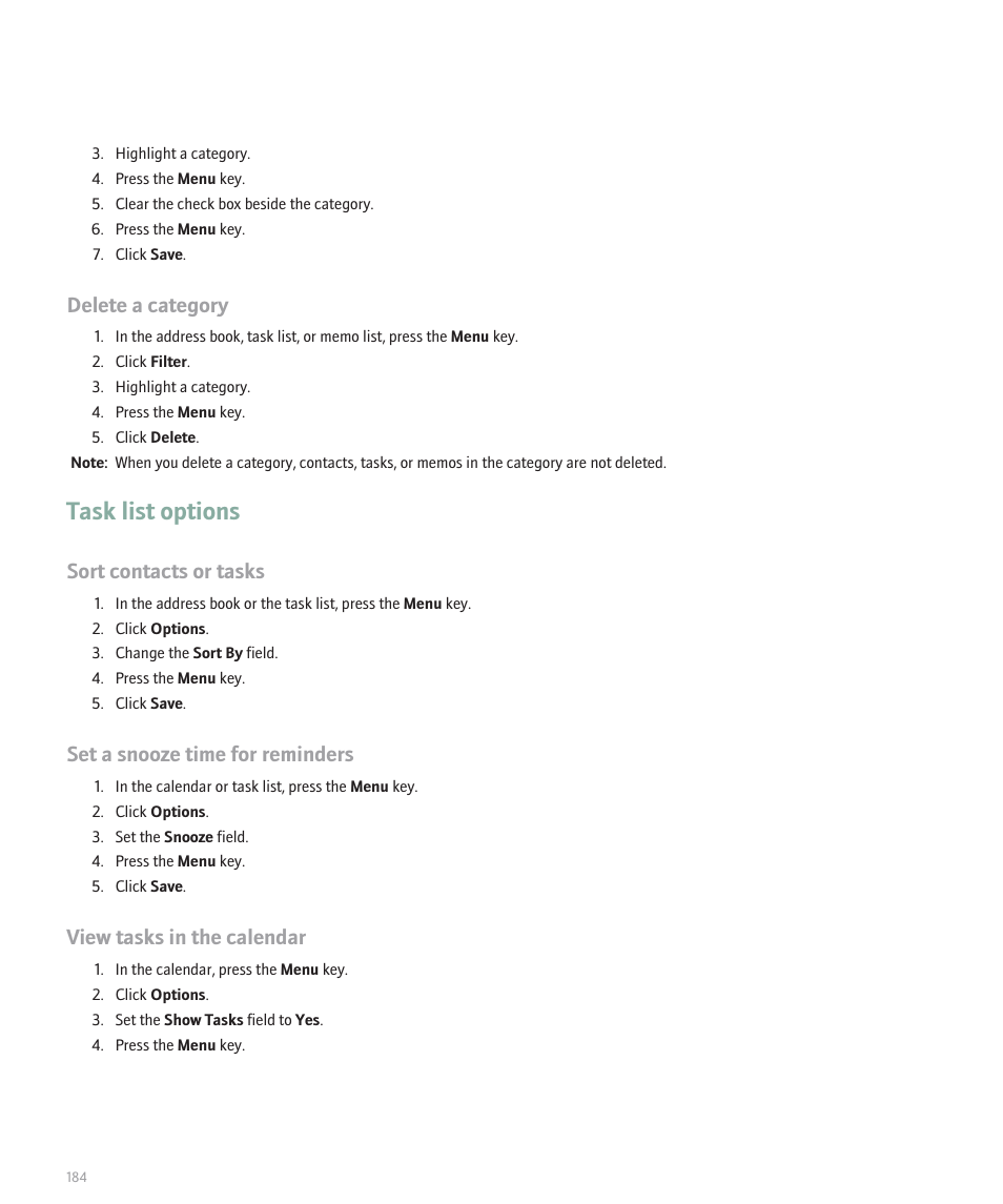 Task list options, Delete a category, Sort contacts or tasks | Set a snooze time for reminders, View tasks in the calendar | Blackberry 8300 User Manual | Page 186 / 270