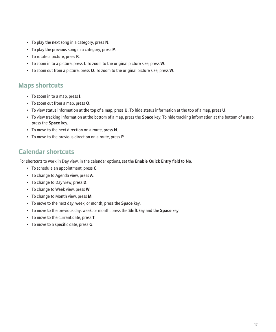 Maps shortcuts, Calendar shortcuts | Blackberry 8300 User Manual | Page 19 / 270