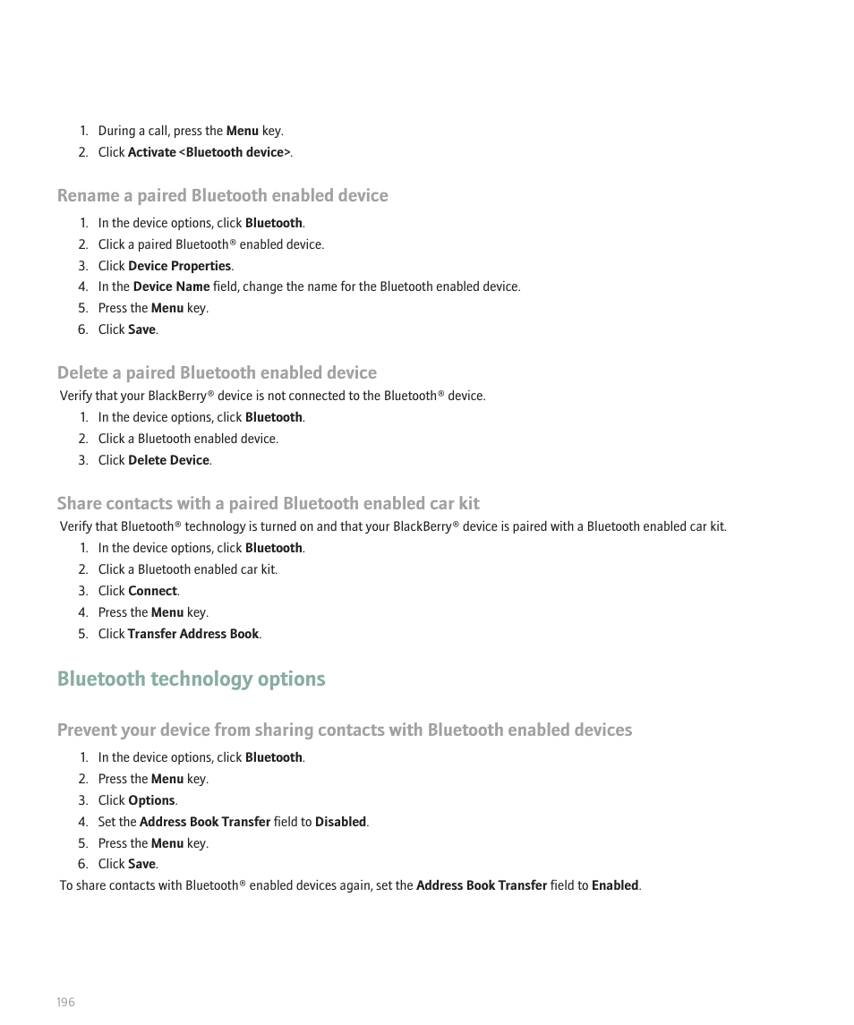 Bluetooth technology options, Rename a paired bluetooth enabled device, Delete a paired bluetooth enabled device | Blackberry 8300 User Manual | Page 198 / 270