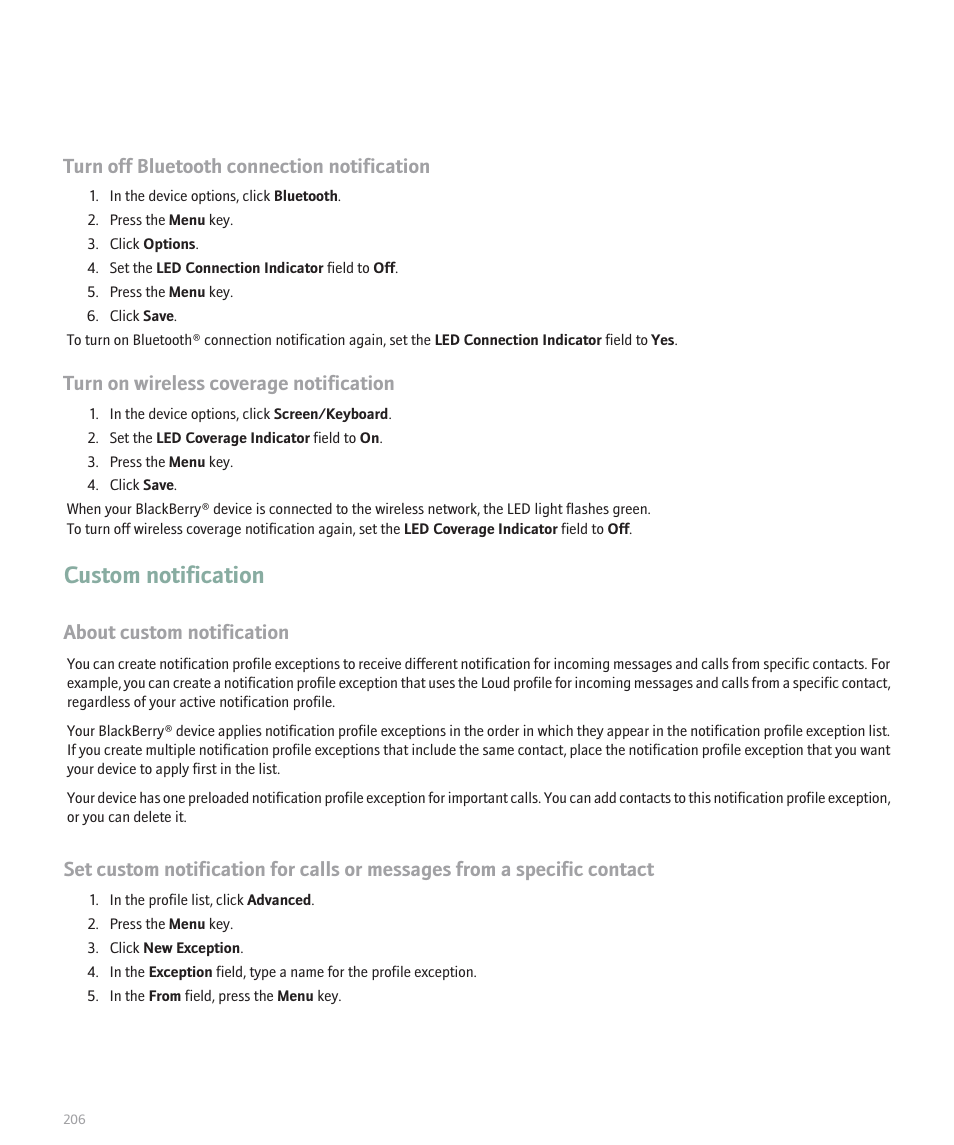 Custom notification, Turn off bluetooth connection notification, Turn on wireless coverage notification | About custom notification | Blackberry 8300 User Manual | Page 208 / 270