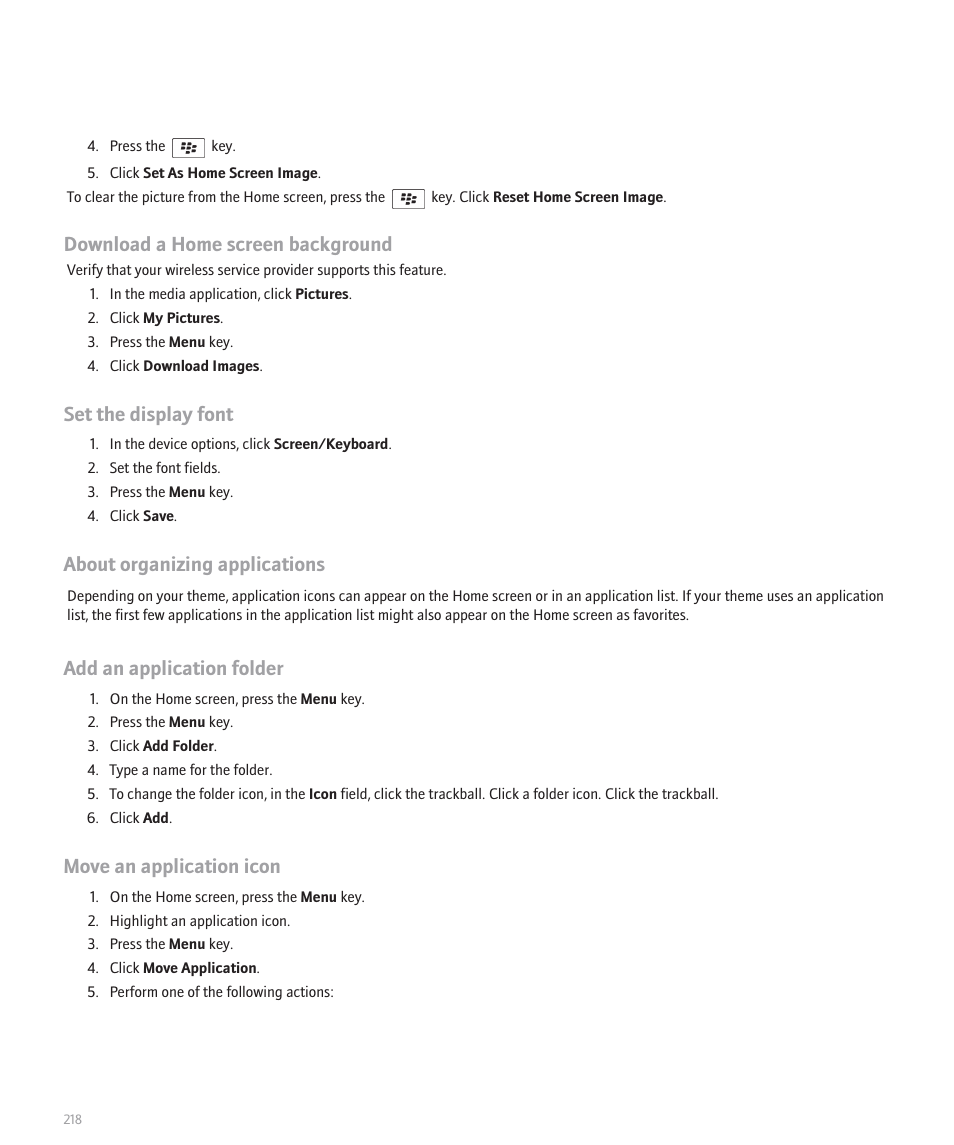 Download a home screen background, Set the display font, About organizing applications | Add an application folder, Move an application icon | Blackberry 8300 User Manual | Page 220 / 270