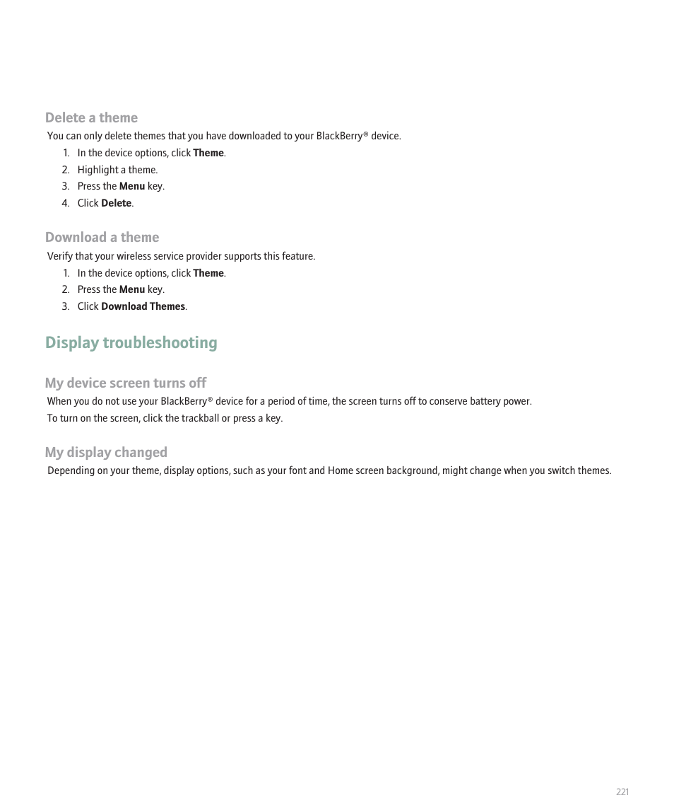 Display troubleshooting, Delete a theme, Download a theme | My device screen turns off, My display changed | Blackberry 8300 User Manual | Page 223 / 270