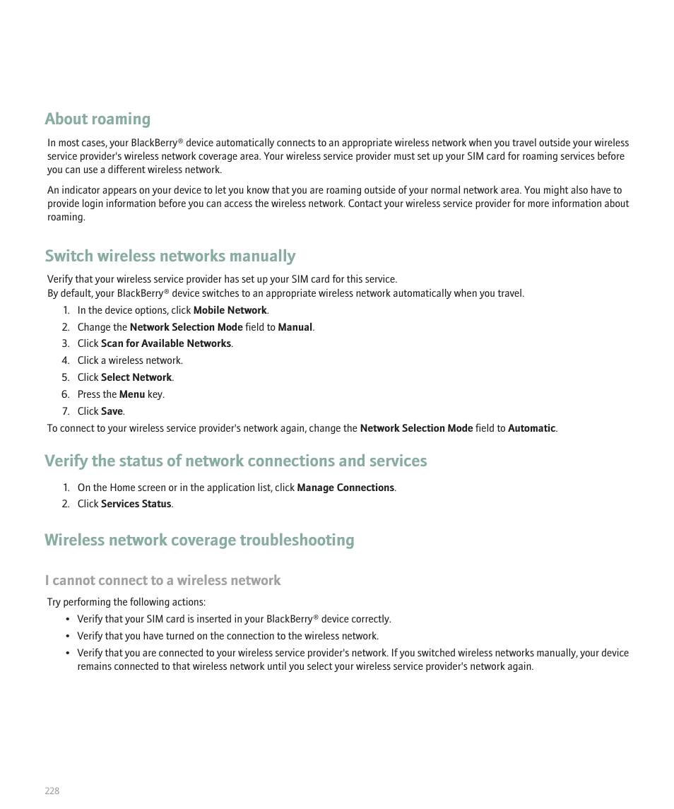 About roaming, Switch wireless networks manually, Wireless network coverage troubleshooting | I cannot connect to a wireless network | Blackberry 8300 User Manual | Page 230 / 270