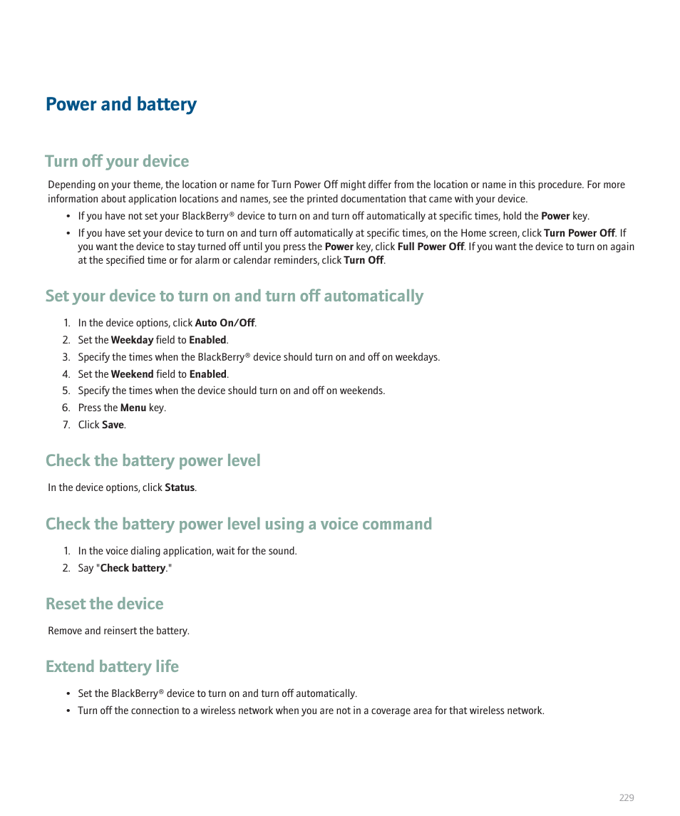 Power and battery, Turn off your device, Check the battery power level | Reset the device, Extend battery life | Blackberry 8300 User Manual | Page 231 / 270