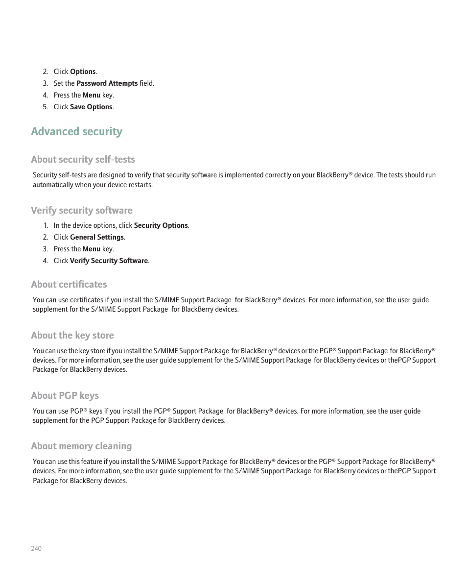 Advanced security, About security self-tests, Verify security software | About certificates, About the key store, About pgp keys | Blackberry 8300 User Manual | Page 242 / 270