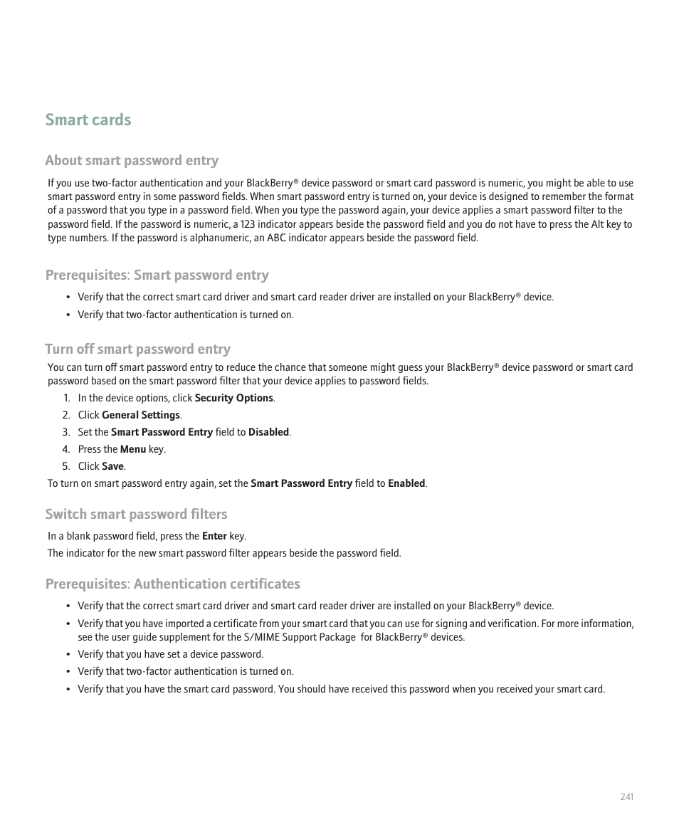 Smart cards, About smart password entry, Prerequisites: smart password entry | Turn off smart password entry, Switch smart password filters, Prerequisites: authentication certificates | Blackberry 8300 User Manual | Page 243 / 270