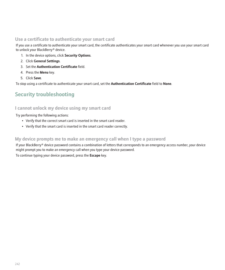 Security troubleshooting, Use a certificate to authenticate your smart card, I cannot unlock my device using my smart card | Blackberry 8300 User Manual | Page 244 / 270