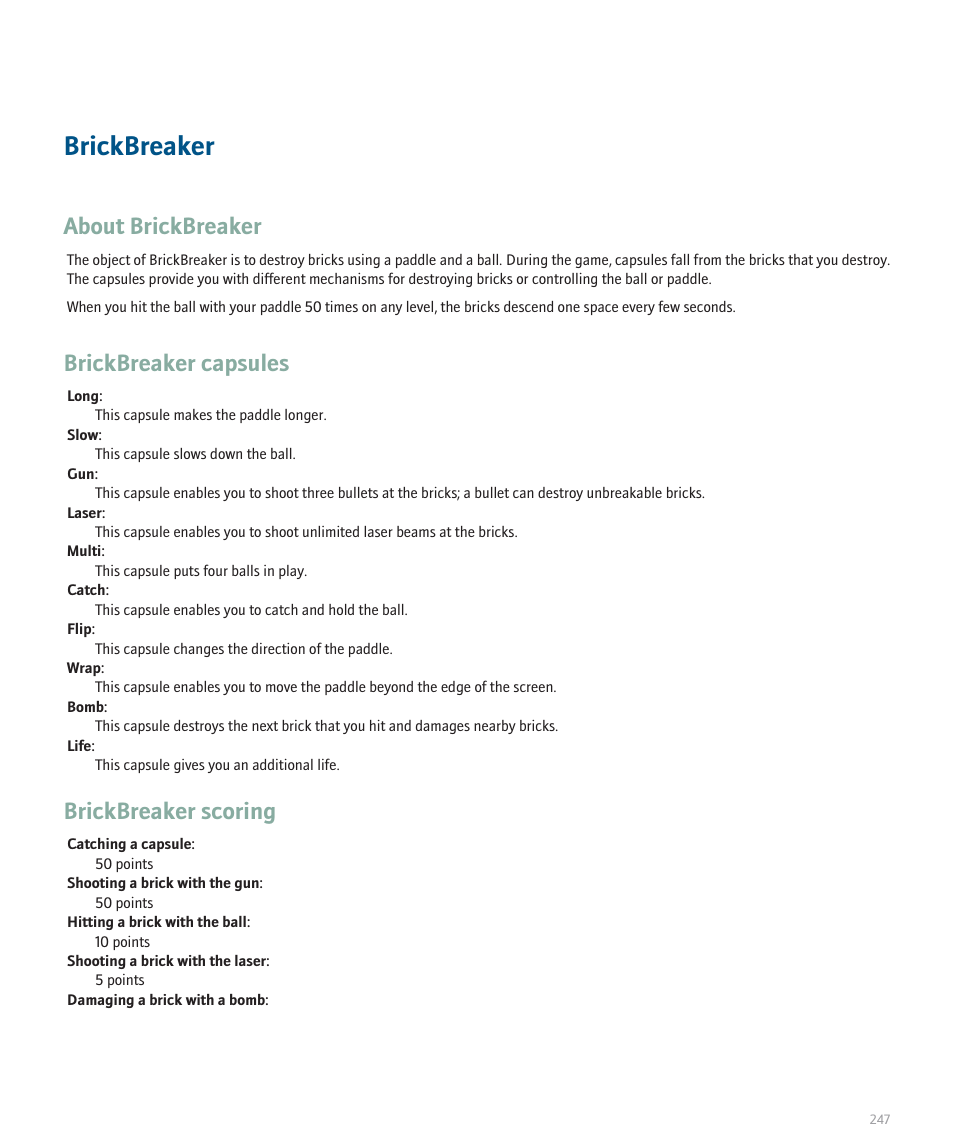 Brickbreaker, About brickbreaker, Brickbreaker capsules | Brickbreaker scoring | Blackberry 8300 User Manual | Page 249 / 270